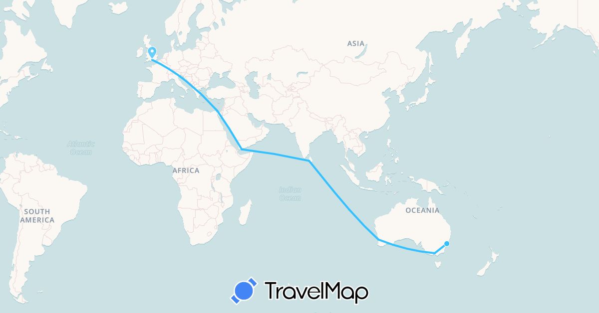 TravelMap itinerary: driving, boat in Australia, Egypt, United Kingdom, Sri Lanka, Yemen (Africa, Asia, Europe, Oceania)